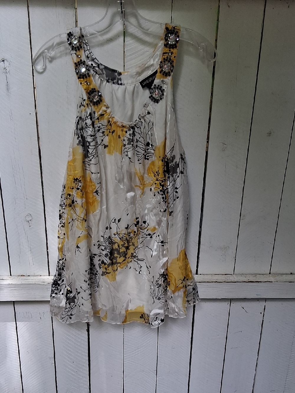 Lane Bryant White Floral Beaded Tank with Yellow & Gray Accents